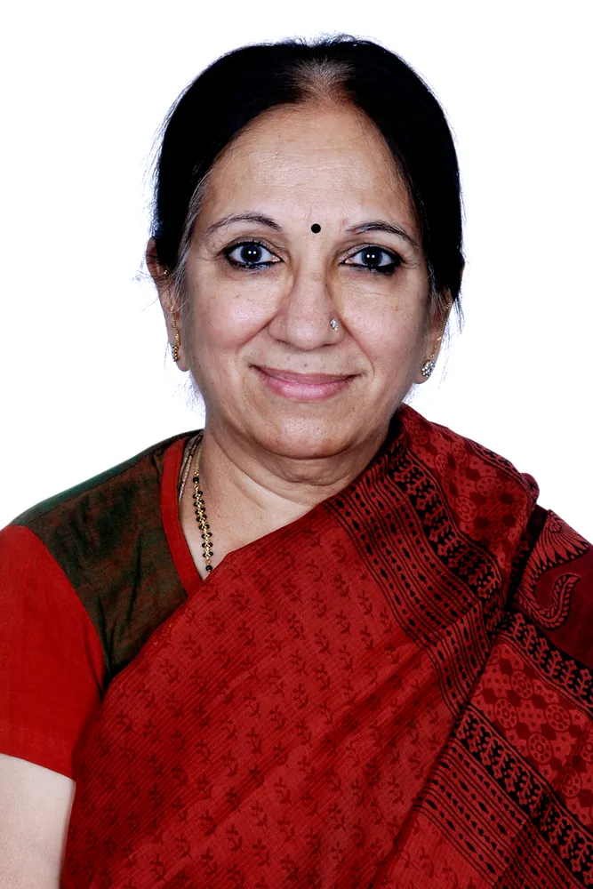 Portrait of Jaishree Pankaj in a red saree